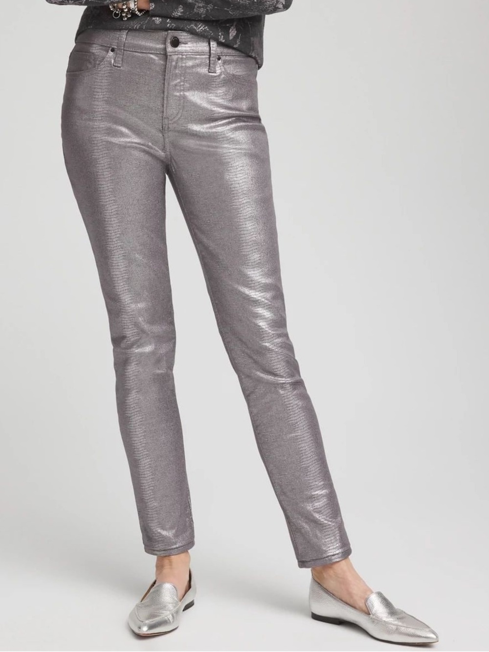 Chico's NWT Girlfriend Coates Metallic Silver Snake Skin Ankle Jeans Size 20